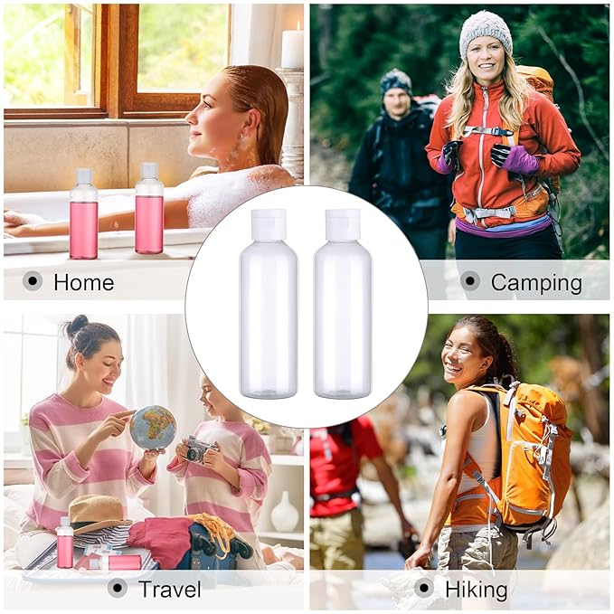 50 Piece 3.4 oz Travel Bottles Set Clear Plastic Refillable Squeeze Bottles with Flip Cap Dispensers and 2 Funnels for Travel-size Liquid Cosmetics(Clear, White)