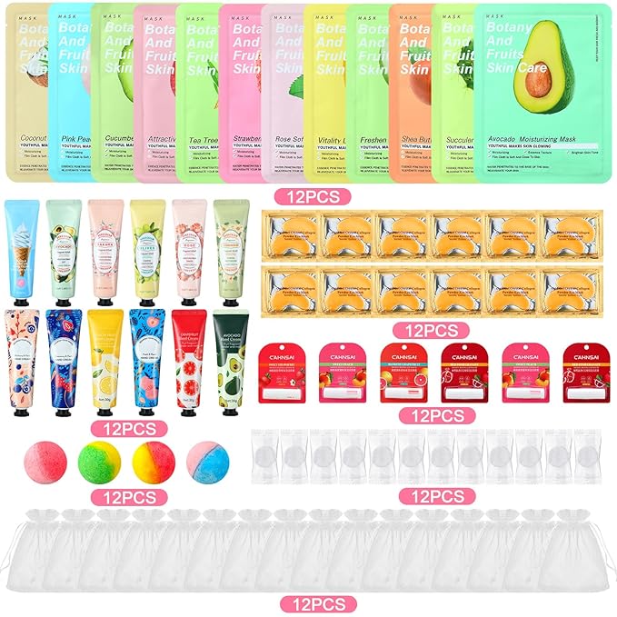 84 Pcs Spa Party Supplies Facial Masks Eye Patches Hand Cream Lip Balm Foot Bath Bombs Compressed Towel Organza Bags Spa Party Favors Sleepover Kit Birthday for Most Skin Type