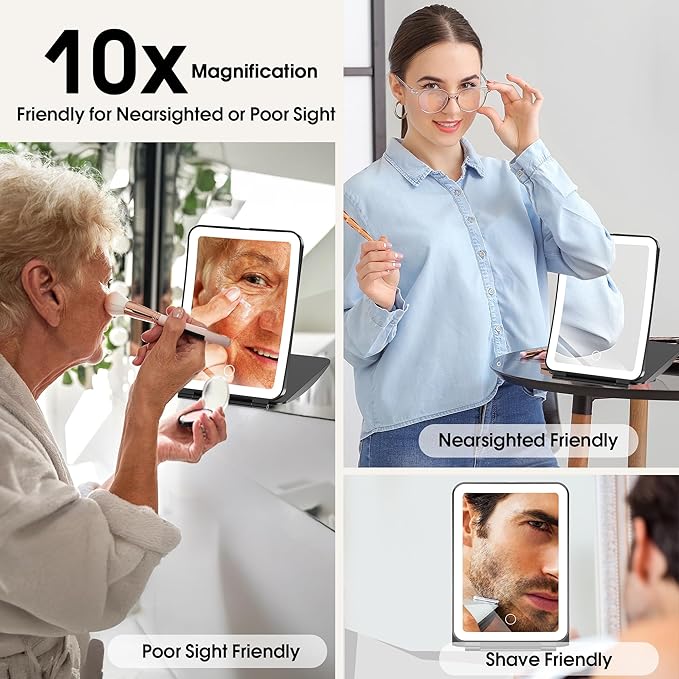 Travel Makeup Mirror with Lights and Magnification, 10X/1X Magnifying Vanity Mirror with 3 Colors & Brightness Adjustable, 2000 mAh Rechargeable Lighted Compact Mirror, Women Gift (Black)