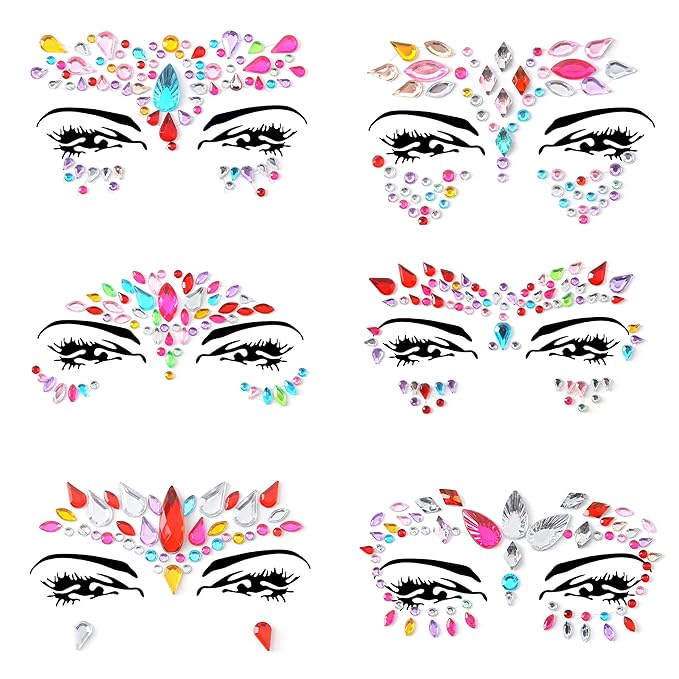 Face Gems Adhesive Glitter Jewel Tattoo Sticker Festival Gems Rave Party Body Make Up (6 PCS MULTI COLORS)