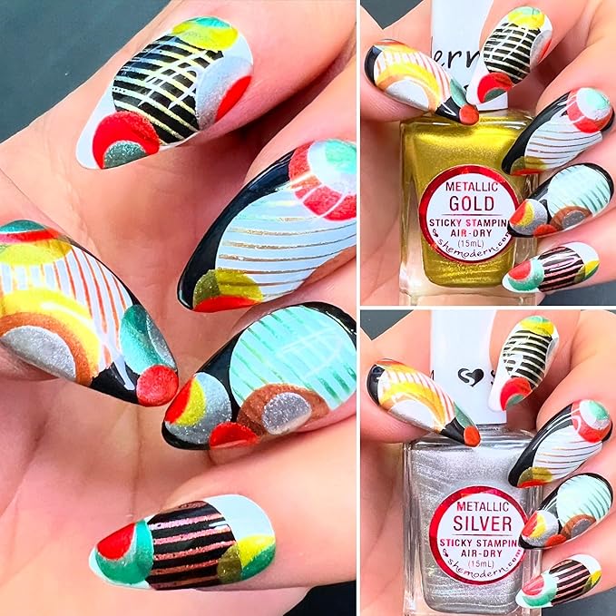 SheModern STICKY Metallic GOLD + SILVER + IRON Stamping Polishes (Set of 3) For Nail Art Design Air Dry Collection. More Transfer Time with Tacky Surface for Easy Adhere of Pigment, Glitter