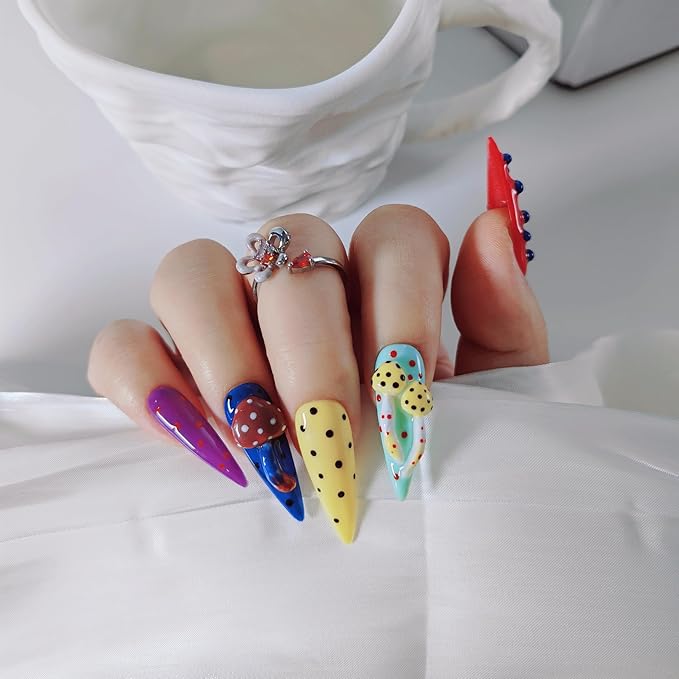 Almond Press on Nails Handmade Medium Long/Stiletto 3D Flower Fake Nail with Designs, Women Reusable False Nails (Stiletto Colorful, L)