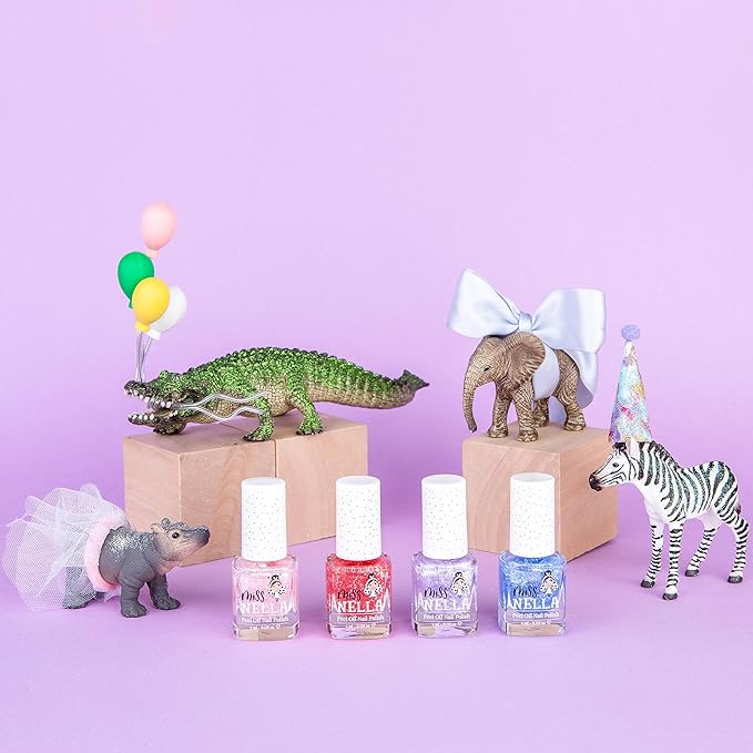 MISS NELLA SAFARI COLLECTION Glitter Nail Polish for kids, set of 4 glitter varnishes: pink, red, purple & blue, Peel- Off varnish for toddlers