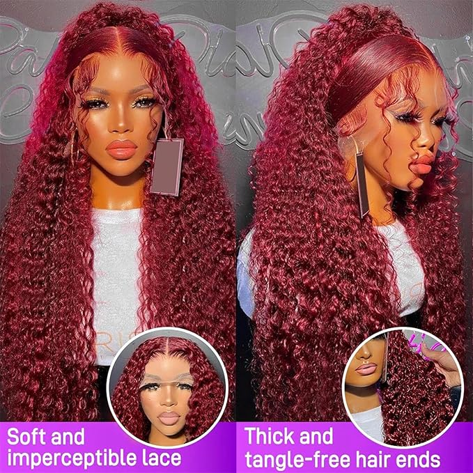 30 Inch 99j Burgundy Deep Wave Lace Front Wigs Human Hair 180% Density 13x4 Lace Front Wigs Human Hair Pre Plucked Wine Red Curly Wet Wavy Wig Human Hair HD Full Lace Frontal Glueless Wigs For Women