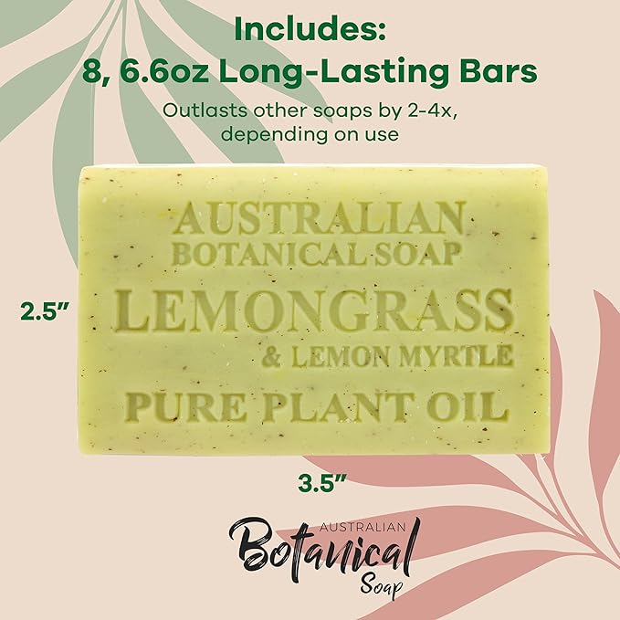 Australian Botanical Soap, 6.6 OZ, Lemongrass and Lemon Myrtle, Triple Milled Bars made with a Natural Soap Base and Enriched with Organic Shea Butter, Pack of 8