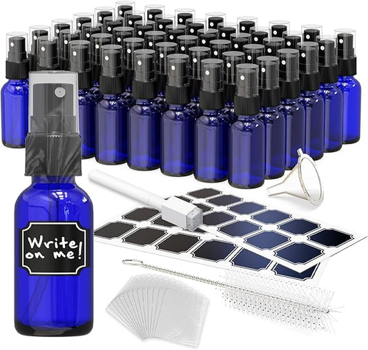 Nevlers Cobalt Blue Glass 1 Oz Small Spray Bottle 48 Pack | Misting Bottle Set w/Shrink Wrap, Funnel, Brush, Marker & Labels | Empty Spray Bottles For Essential Oils, Fragrance, Hand Sanitizer & More