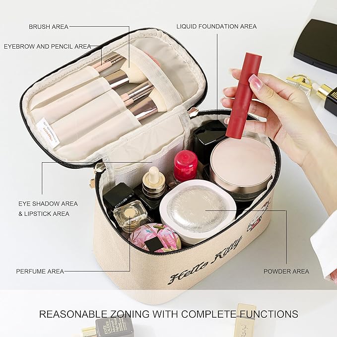 AmBealla Make up Bag Travel Cosmetic Bags Brush Holder Zipper Pouch Case Organizer Cute Organizer Suitable for Purse for Women (Beige-A)