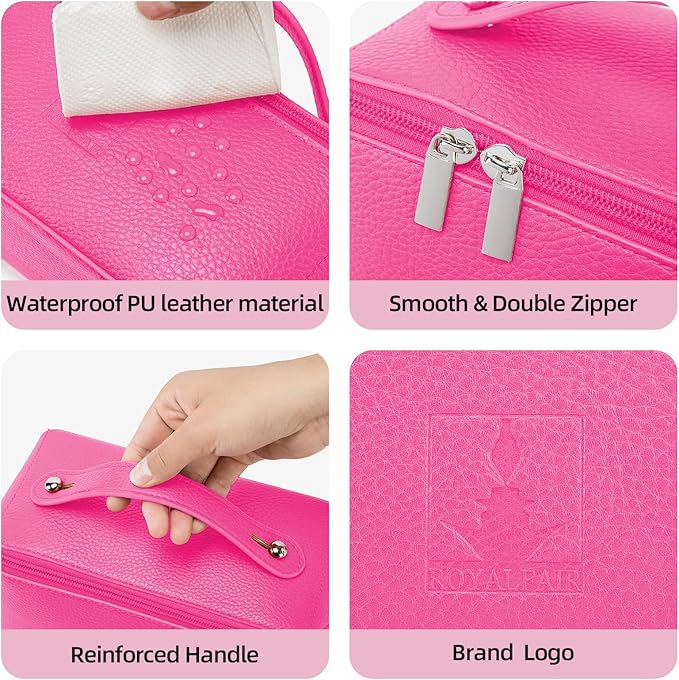 Travel Makeup Bag,Large Capacity Cosmetic Bags for Women, PU Leather Waterproof Portable Pouch Open Flat Toiletry Bag Make up Organizer with Divider and Handle (pink)