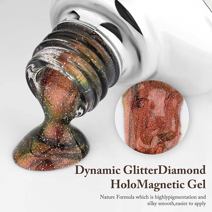 Crushed Diamond Cat Eye Gel Nail Polish with Magnet Stick, 15ml Holographic Glitter Gel, Ideal for DIY Nail Art, Gemstone Shimmer