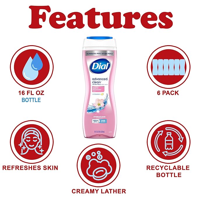 Dial Body Wash, 6 Pack, Apple Blossom Scent, Hydrating and Moisturizing Deep Cleaning Women's Body Wash with Vitamin E for Dry Skin, 16 oz. Each