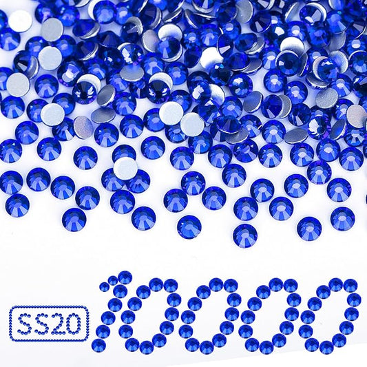 10000PCS Royal Blue Rhinestones Bulk, Flat Back Crystal Glass Stone Round Gems,SS20, 4.6-4.8mm