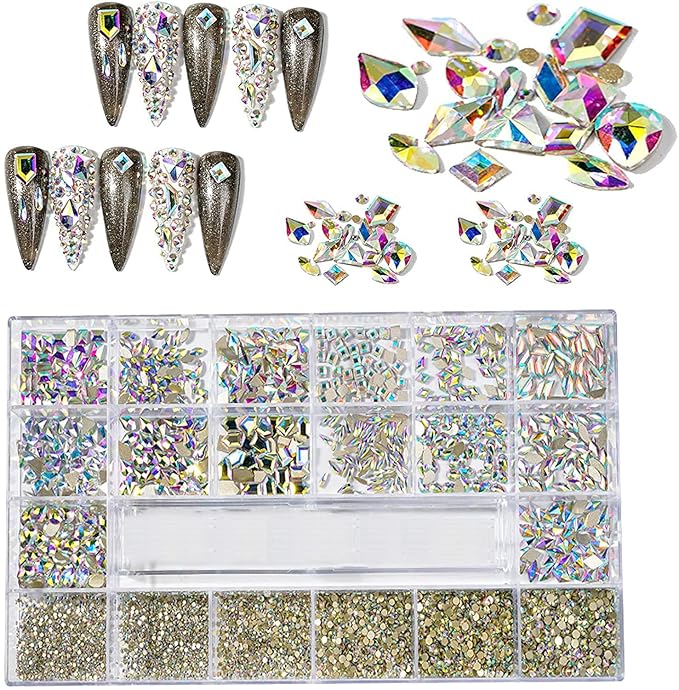 7900Pcs AB Crystal Nail Rhinestones, HOINCO Nail Art Rhinestones Round Beads Flatback Glass Gems Stones, Multi Shapes Rhinestones Nail Art 3D Crystals for Nail DIY