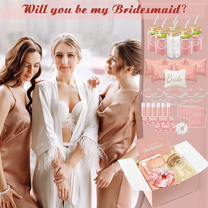 54 Pcs Bridesmaid Proposal Gifts Bridesmaid Box Set Include Bridal Shower Gift Box Makeup Bag Invited Card Glass Cup Lip Balm Scrunchie Hair Knotted Bracelet for Maid of Honor(Pink, White)