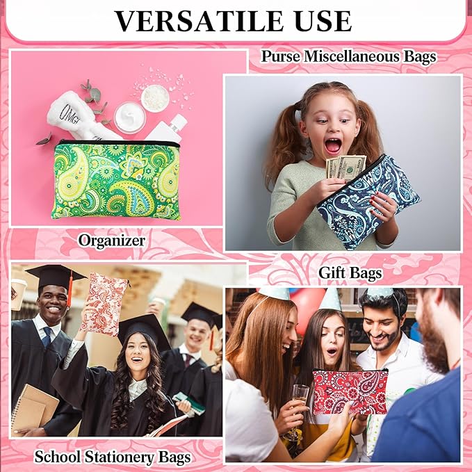 24 Pieces Makeup Bags Bulk Canvas Cosmetic Bags Purse Organizer Zipper Cosmetic Pouch Portable Travel Toiletry Pouch for Women Men Gifts, 7 x 4 Inch (Paisley)