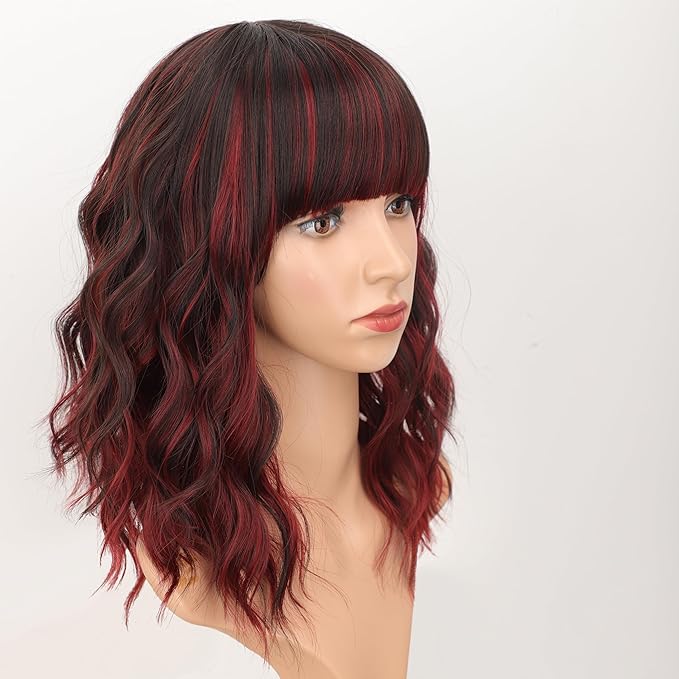 AISI HAIR Synthetic Wavy Curly Bob Wig with Bangs Brown Mix Wine Red Short Hair for Women Synthetic Heat Resistant Bob Wigs