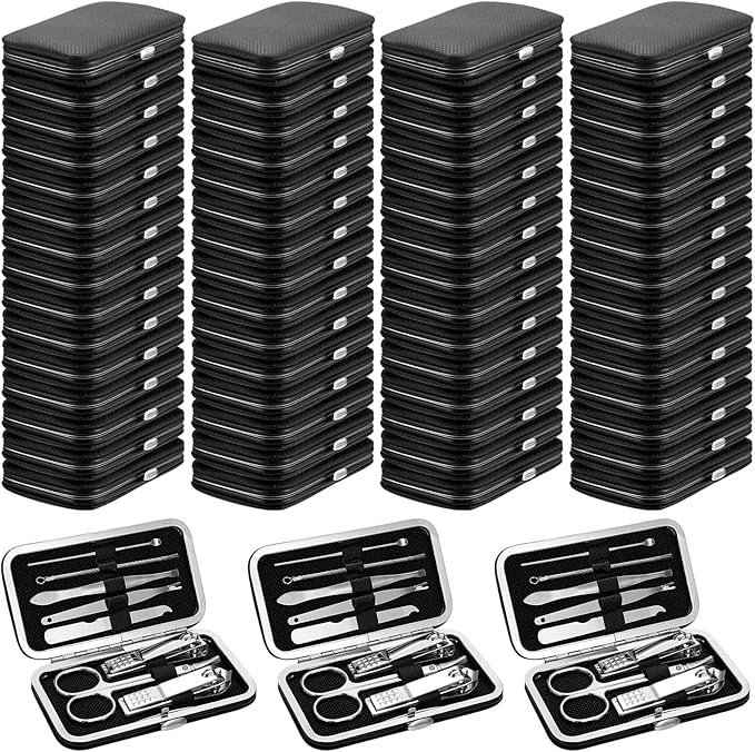 Lasnten 100 Bulk Nail Clipper Set Bulk Manicure Kit Stainless Steel Pedicure Professional Nail Care Kit with Travel Case Portable Grooming for Husband Men Women Family(Black,8 in 1)
