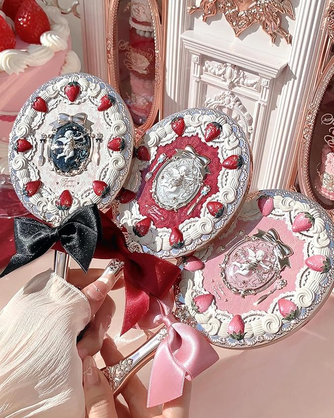 Flower Knows Strawberry Cupid Hand Mirror,Portable Vintage Handheld Mirror,Durable Metal Mirror,Cute & Aesthetic Princess Mirror,with Long Handle for Easy Holding,Gift for Girls(Milk Pink)