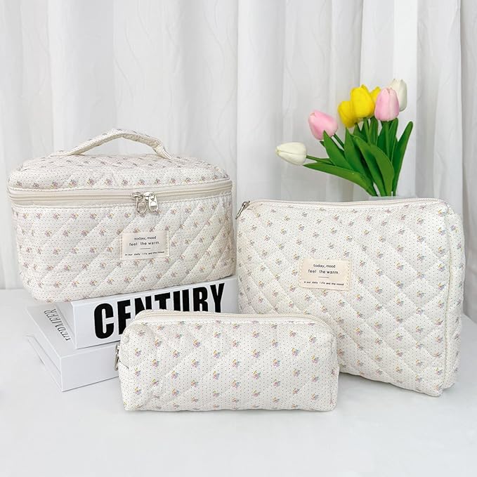 3Pcs Cotton Quilted Makeup Bag for Women Girls, Large Floral Cosmetic Bag Set Cute Makeup Brushes Aesthetic Accessories Storage Bag Little Flower Travel Toiletry Bag Organizer