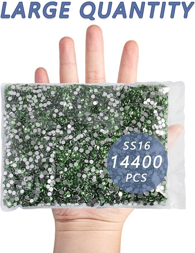 Beadsland Flatback Rhinestones Bulk,14400pcs Green Rhinestones for Nails Crafts Clothes DIY Decoration, Light Green/Peridot, SS16, 3.8-4.0mm