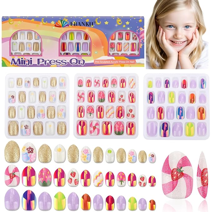 72 Pieces Press on Nails for Kids, EBANKU 3 Pack Kid Fake Nail Kit Pink Purple Gold Strawberry Flower Press on Nails for girls 8-12 Years with Jelly Nail Adhesives