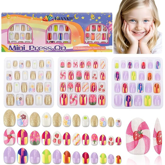 72 Pieces Press on Nails for Kids, EBANKU 3 Pack Kid Fake Nail Kit Pink Purple Gold Strawberry Flower Press on Nails for girls 8-12 Years with Jelly Nail Adhesives