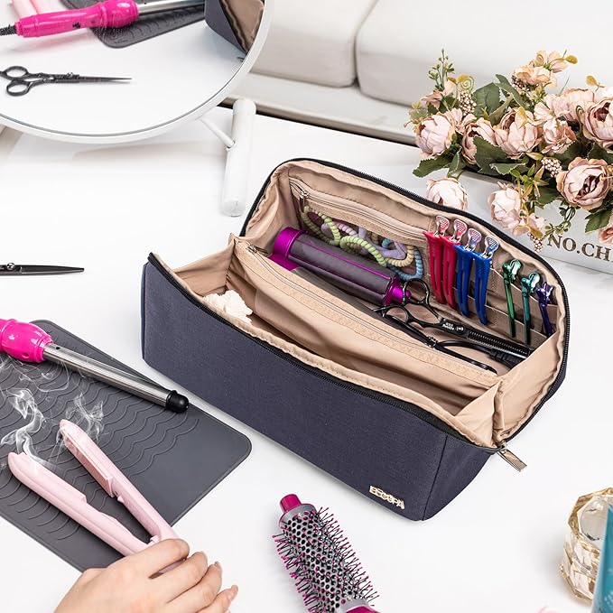 Large Travel Bag - 2in1 Hair Tools Organizer for Dryer Brush, Flat Irons, Straighteners, Curling Irons, Makeup Bag for Travel Essentials