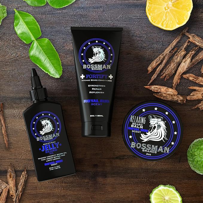 Bossman Essentials Beard Kit for Men – Beard Oil Jelly, Fortifying Conditioner Cream & Beard Balm – Grooming Care Accessories (Royal Oud Scent)