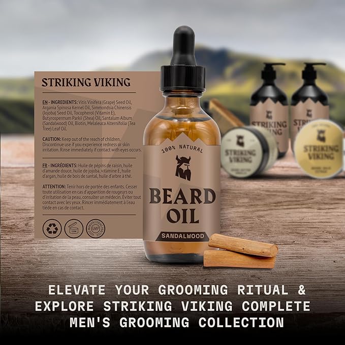Striking Viking Beard Oil for Men - 2 Fl Oz, 2 Pack, Sandalwood Scent - Naturally Derived Conditioner with Almond, Tea Tree, Argan & Jojoba Oil for Beard Growth, Softening & Moisturizing