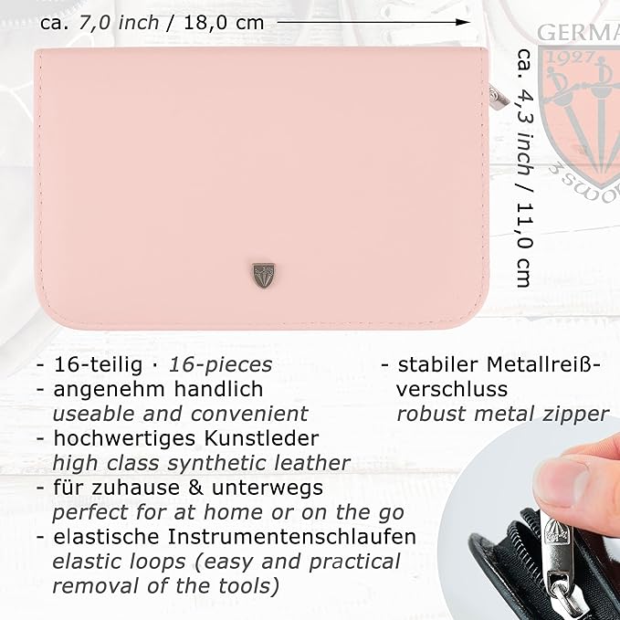 3 Swords Germany - brand quality 16 piece manicure pedicure grooming kit set fashion leather case light pink, Made in Germany
