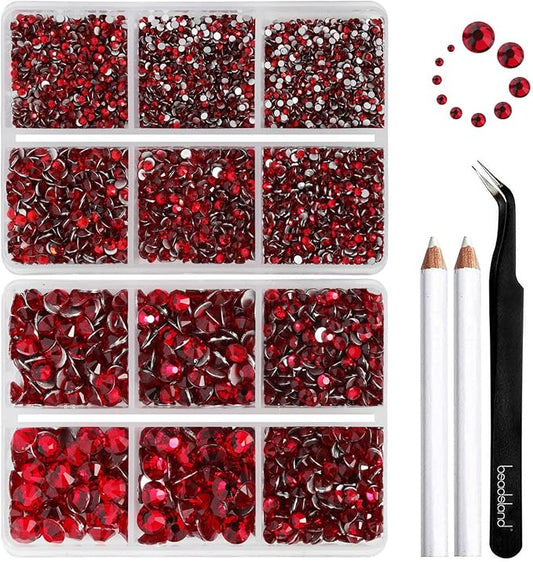 Beadsland 8300PCS Flatback Rhinestones, Red Rhinestone Nail Gems Round Crystal Rhinestones for Crafts, Mixed 10 Sizes with Wax Pencil and Tweezer Kit, SS3-SS30, Siam