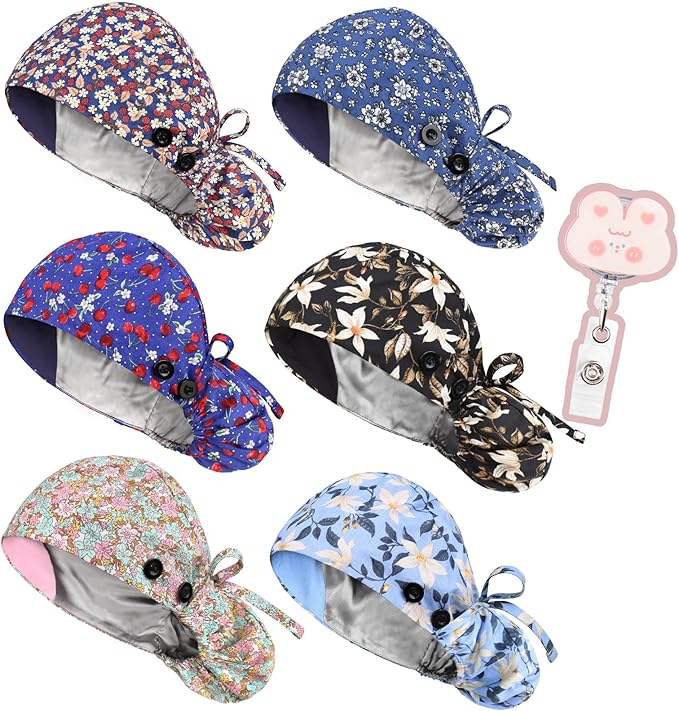 6 Pcs Scrub Caps Women Satin Lined Scrub Caps Women Ponytail Surgical Caps for Women Scrub Hats Women Ponytail Pouch Tie Back, Badge Holder 1 Pcs