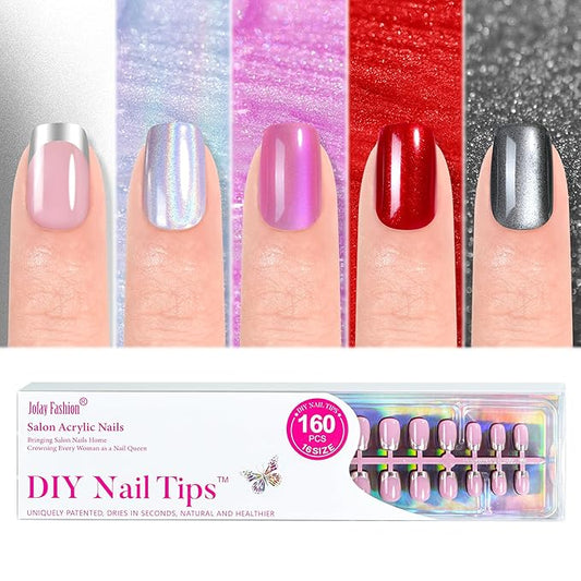 Press on Nails Short 5 Styles, Jofay Fashion 160Pcs Salon-Like Fake Nails with Chrome/Rainbow Laser/Chasing Light Cat Eye Designs, Acrylic French Tip Press on Nails Glue on Nails Stick on Nails