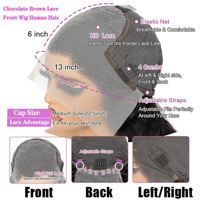 13x6 Lace Front Wig Human Hair 22 Inch Body Wave Chocolate Brown Glueless HD Transparent Lace Frontal Wigs for Women 200 Density Human Hair Pre Plucked with Baby Hair