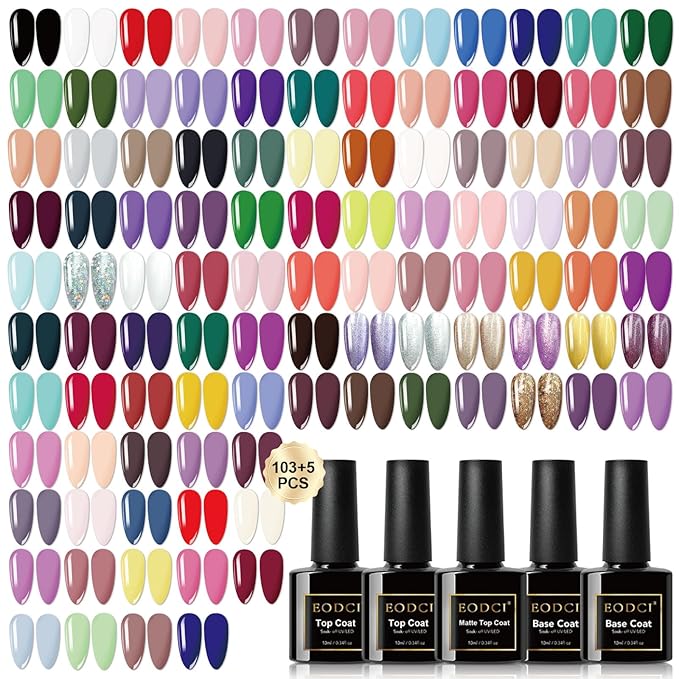 108 PCS Gel Nail Polish Set, 103 Colors Infinite Inspiration All Season Red Nude Blue Black Polish with 5Pcs Base Top Coat Soak off UV Gel for Manicure Lovers DIY at Home Gifts for Women