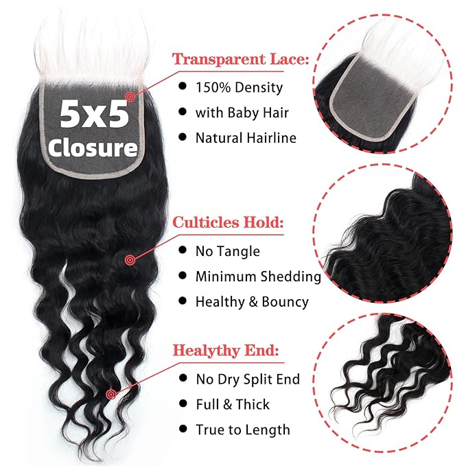 12A Human Hair 3 Bundles with 5x5 HD Lace Closure (18 20 22 +18) 100% Unprocessed Brazilian Virgin Remy Hair Loose Wave Human Hair Bundles with Closure Natural Color