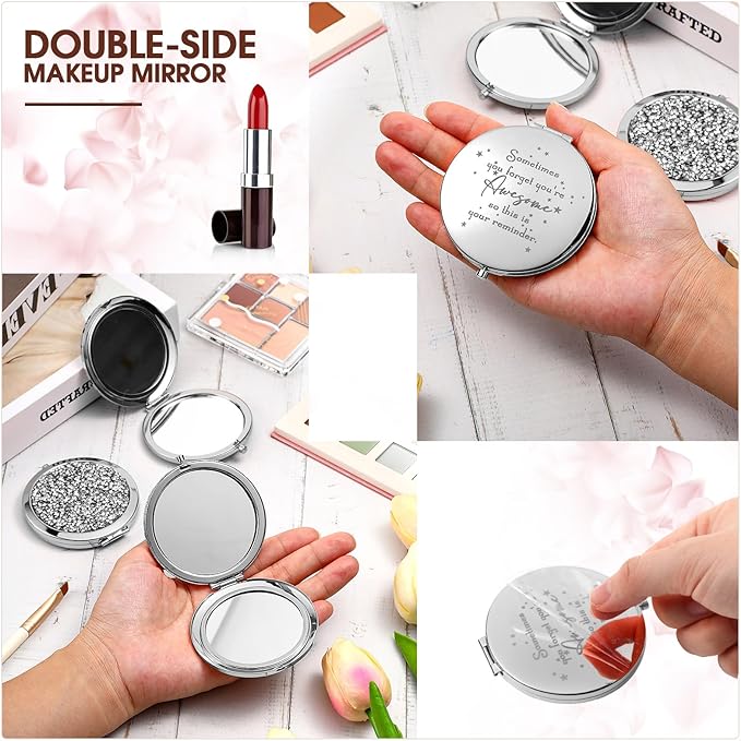 Roowest 10 Pcs Inspirational Compact Mirror Sometimes You Forget You're Awesome Appreciation Gifts for Women Mother's Day Party Favors Magnifying Pocket Mirror (White)