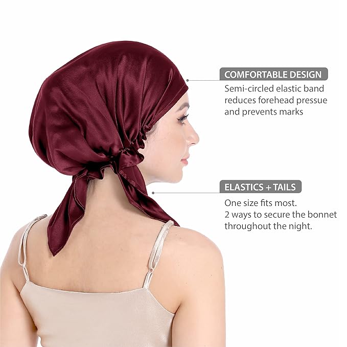 100% Silk Bonnet for Sleeping With Tie Band, Large Sleep Cap for Curly Hair, Wrap for Hair Care (Dark Red)