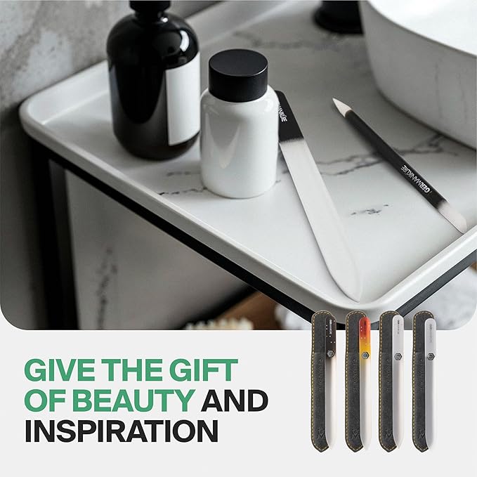 GERMANIKURE 2 Pc Gray Glass Nail File Set with Suede Sleeves - Fingernail File & Small Travel Nail File - Professional Manicure & Pedicure Kit for Natural Nails - Ethically Made in Czech Republic