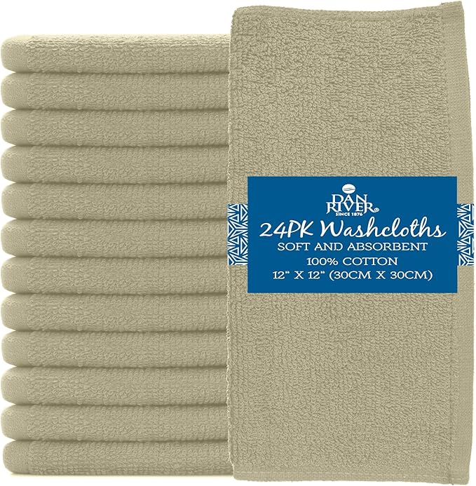 DAN RIVER 100% Cotton Washcloths 24 Pack Premium Quality Face and Body Cloth, Quick Dry Essential Towels for Bathroom, Hand, Kitchen & Cleaning, Baby Rugs | 12X12 in | 400 GSM | Beige