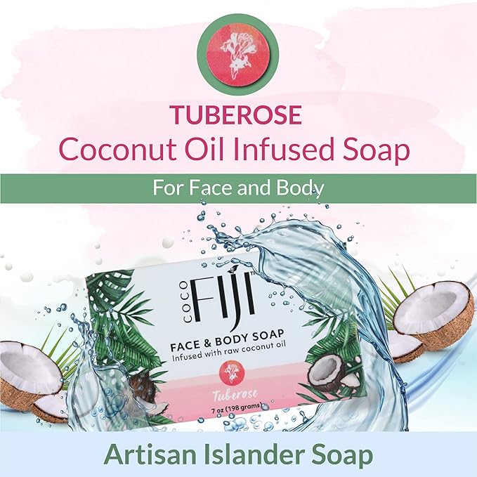 Coco Fiji, Coconut Oil Infused Soap, Bar 7oz (Tuberose, Pack of 2)