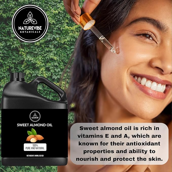 Naturevibe Botanicals Sweet Almond Oil 32 Ounces | 100% Pure and Natural | Great for Skin Care and Hair Care