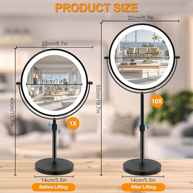 10x Large Lighted Makeup Mirror, Rechargeable 8.7" Double-Sided Vanity Mirror with 3 Color Dimmable Lights, 1X/10X Height Adjustable Magnifying Mirror, 360° Swivel, for Women Girl(Black)