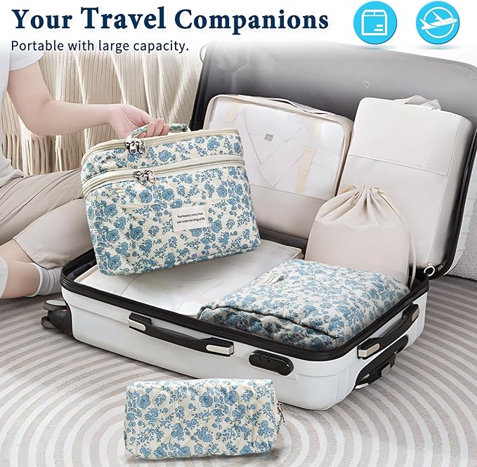 Cute Makeup Bag for Women(3 Pcs), Quilted Floral Coquette Aesthetic Make up Bags, Travel Cosmetic Bags Toiletry Organizer Bag (16 - Light Blue)