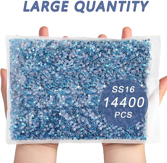 Beadsland Hotfix Rhinestones Bulk, 14400PCS Crystal Hot Fix Rhinestones for Crafts Clothes DIY Decoration, Aquamarine, SS16, 3.8-4.0mm