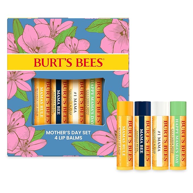Burt's Bees Lip Balm - Balm Bouquet Set, Original Beeswax, Vanilla Bean, Cucumber Mint, Coconut & Pear Pack, Natural Origin Lip Treatment With Beeswax, 4 Tubes, 0.15 oz.