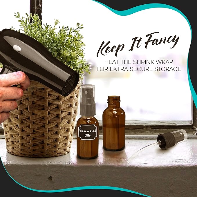 Nevlers 1oz Amber Glass Spray Bottles for Essential Oils 48 Pack | Ultra Fine Mist Spray Bottle for Face, Hair & Body | Travel Perfume Atomizer Set with Shrink Wrap, Labels, Marker, Funnel & Brush