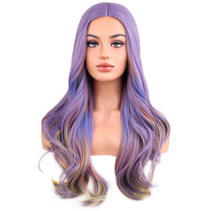 BERON Purple Mixed Colorful Long Wavy Wig for Women Girls Middle Part Heat Resistant Synthetic Hair Wigs for Cosplay Party Daily or Use