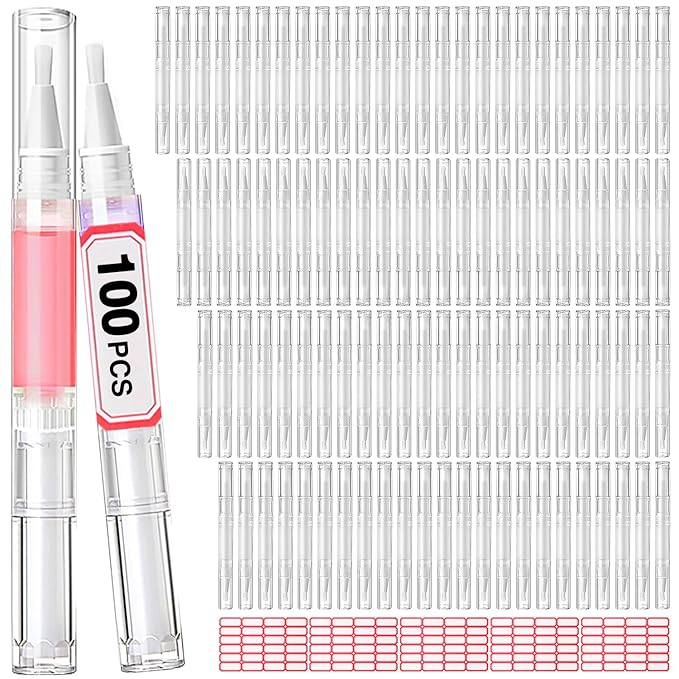 Nail Oil Pen 100Pcs 3ml Empty Cuticle Oil Pen Travel Transparent Twist Pens with Brush Tip for Nail Oil, Eyelash Growth Liquid Tube, Cosmetic Lip Gloss Container Applicators + 120pcs Label