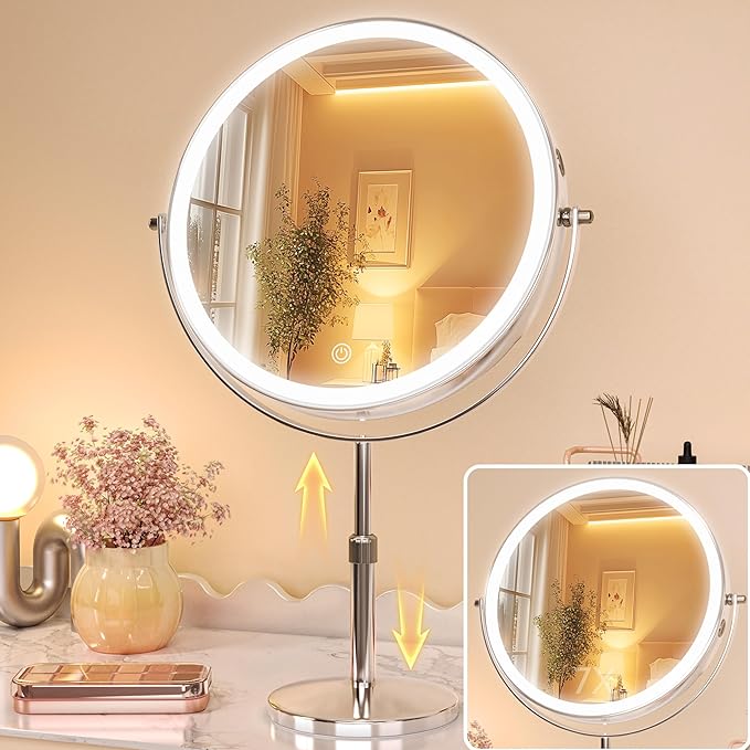 Hasipu 10-inch Lighted Makeup Mirror with Magnification, Rechargeable 3000 mAh Vanity Mirror with Lights, Desk Mirror with Dimmable Brightness, 3 Lighting Modes, Height Adjustment, 360° Rotation