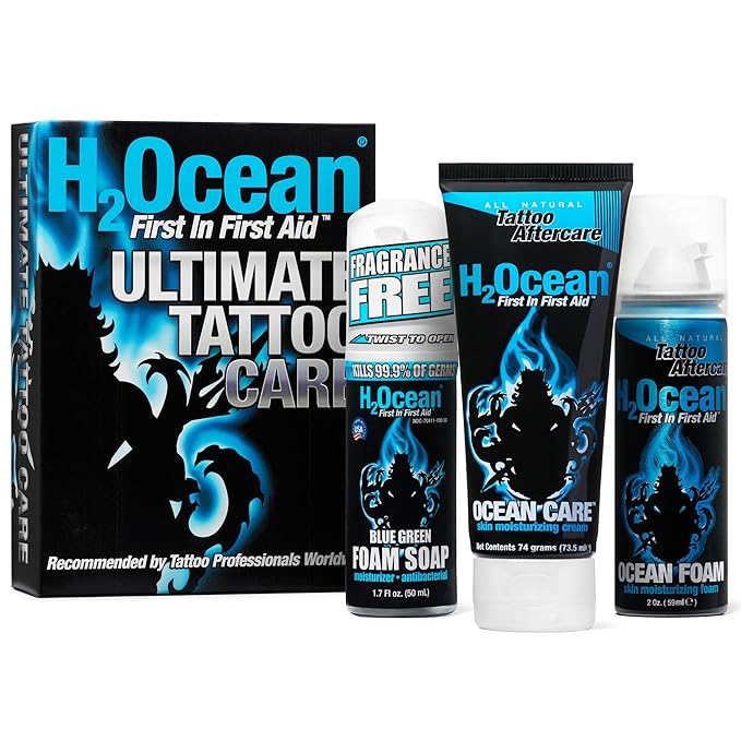 H2Ocean Ultimate Tattoo Care Kit for a Faster Heal - Tattoo Skincare Regimen - 1.7 oz Blue Green Foam Soap, 2.5 oz Ocean Care Skin Moisturizing Cream & 2 oz Ocean Foam Skin Moisturizing Soap